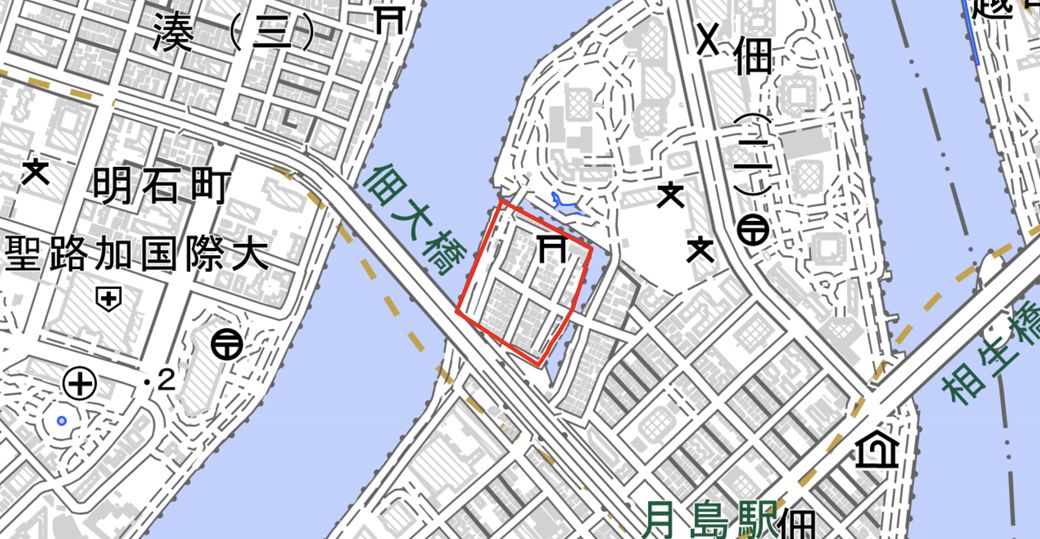 佃1丁目の南側半分の再開発されていない地域 （国土地理院 電子国土Webより筆者作成）
