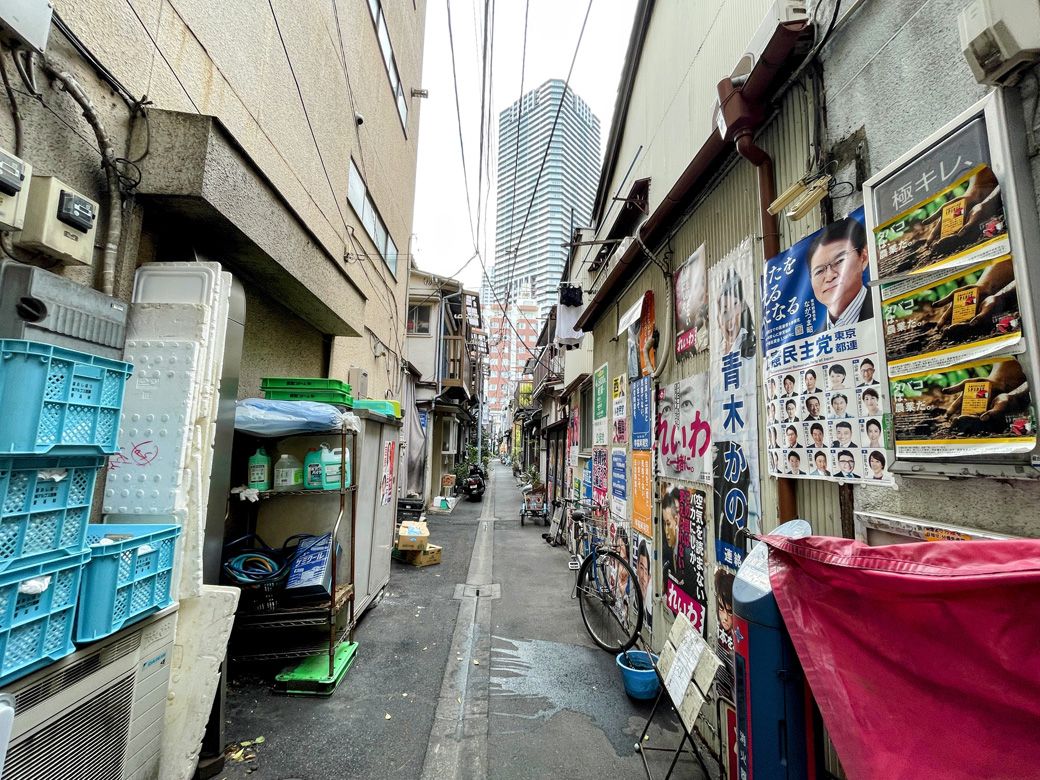 古い家屋の先に見えるタワマン（筆者撮影）
