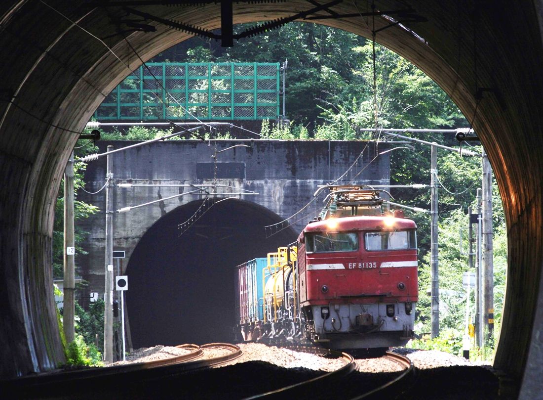 北陸トンネルから飛び出したEF81形牽引の貨物列車（撮影：南正時）