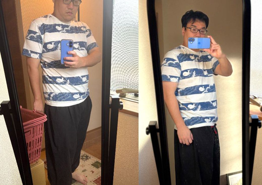 3カ月24時間ジムに通った筆者のビフォーアフター。96kg（左）から93.9kg（右）に。お腹は少しだけすっきりしてきた。この調子で頑張りたい（写真：筆者撮影）