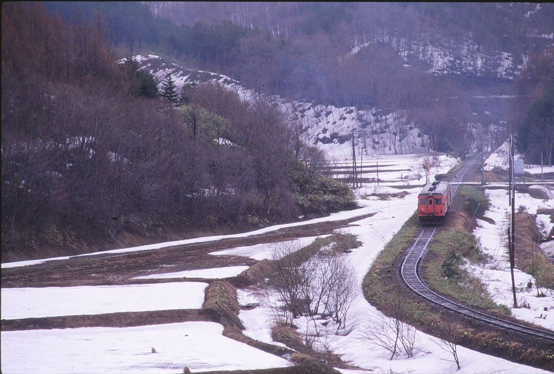 雪景色の岩内線（1985年廃止）を走る気動車（撮影：南正時）
