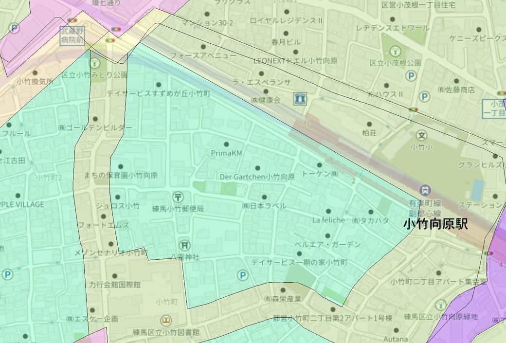 薄緑に色付けされている部分が”第一種低層住居専用地域”（国土交通省 不動産情報ライブラリより筆者作成）