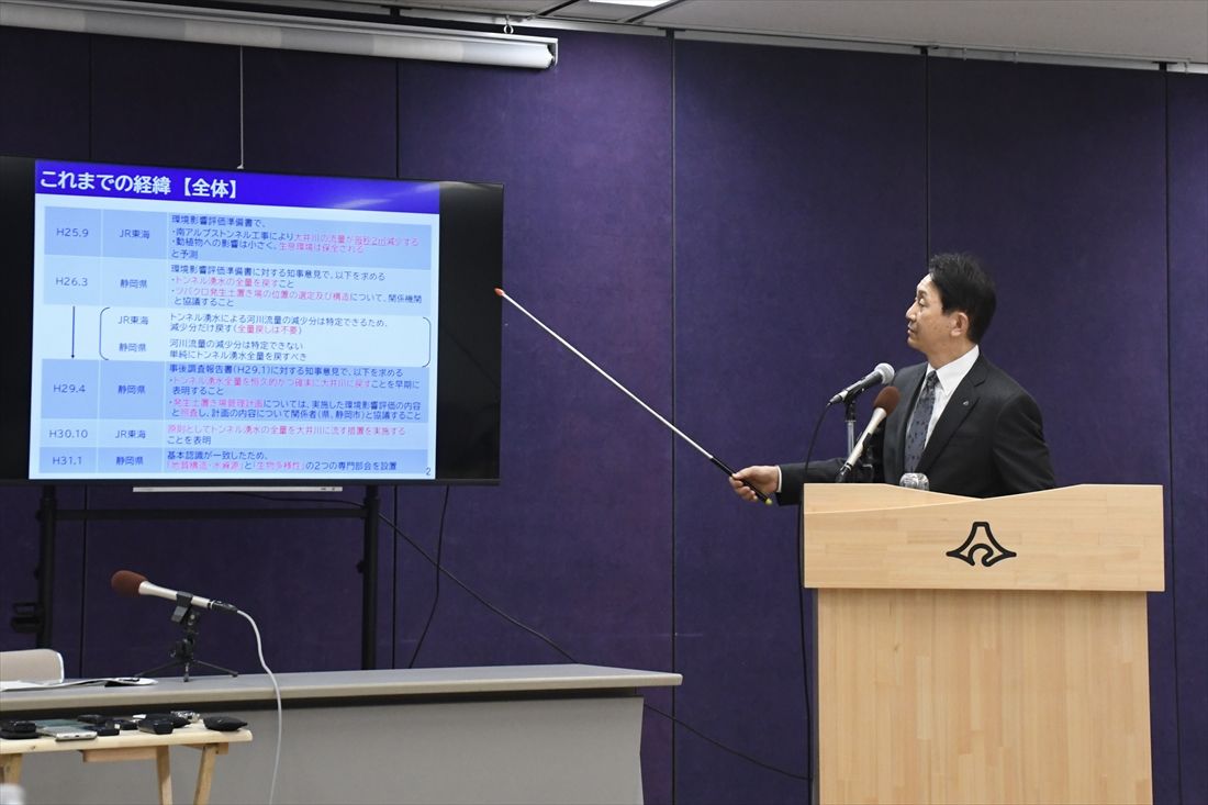 2024年2月、「引き続き対話を要する事項」47項目について県の見解を説明する静岡県の森貴志副知事（当時）（記者撮影）