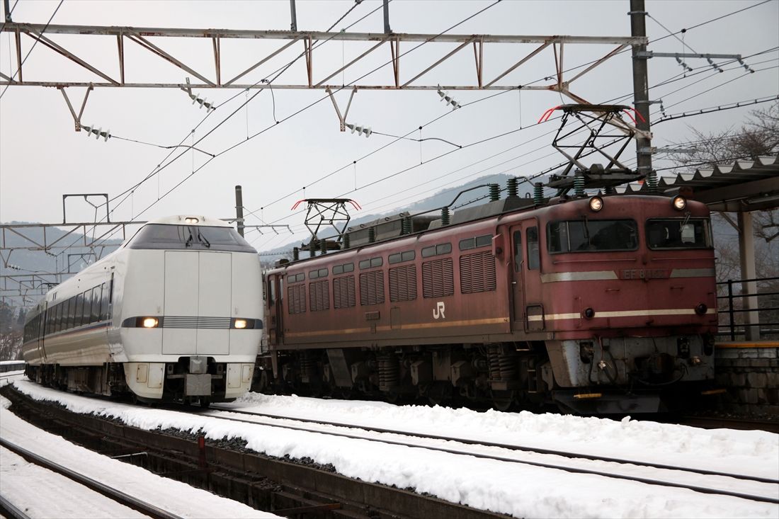 特急「しらさぎ」に追い越されるEF81形（撮影：南正時）