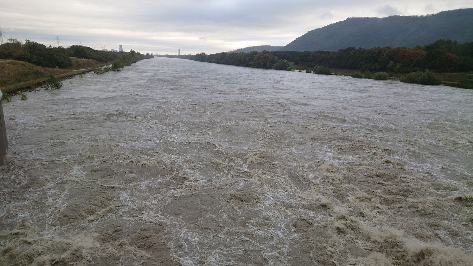 美しき青きドナウ川だが、豪雨により濁流となってウィーンへ流れていく（写真:筆者撮影）