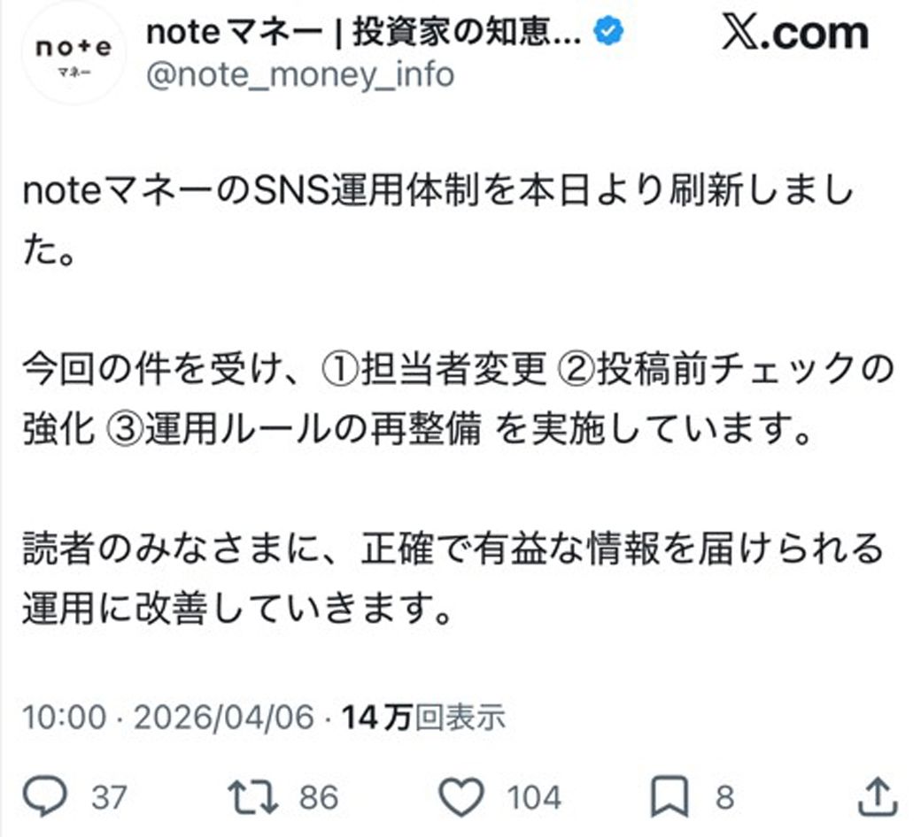 4月6日、noteマネー公式Xアカウントに投稿された、SNS運用体制変更を知らせるポスト（画像：noteマネー公式Xアカウントより）