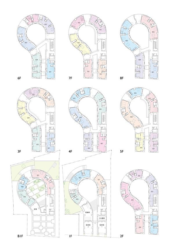 天神町placeの各フロアの平面図（図：伊藤博之建築設計事務所提供）