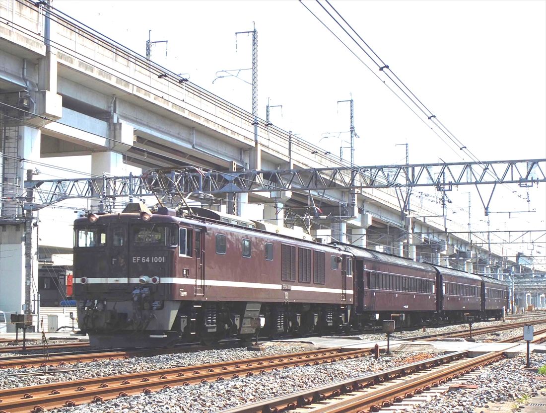 茶色のEF64形1001号機が旧型客車を牽引する姿＝2012年（撮影：南正時）