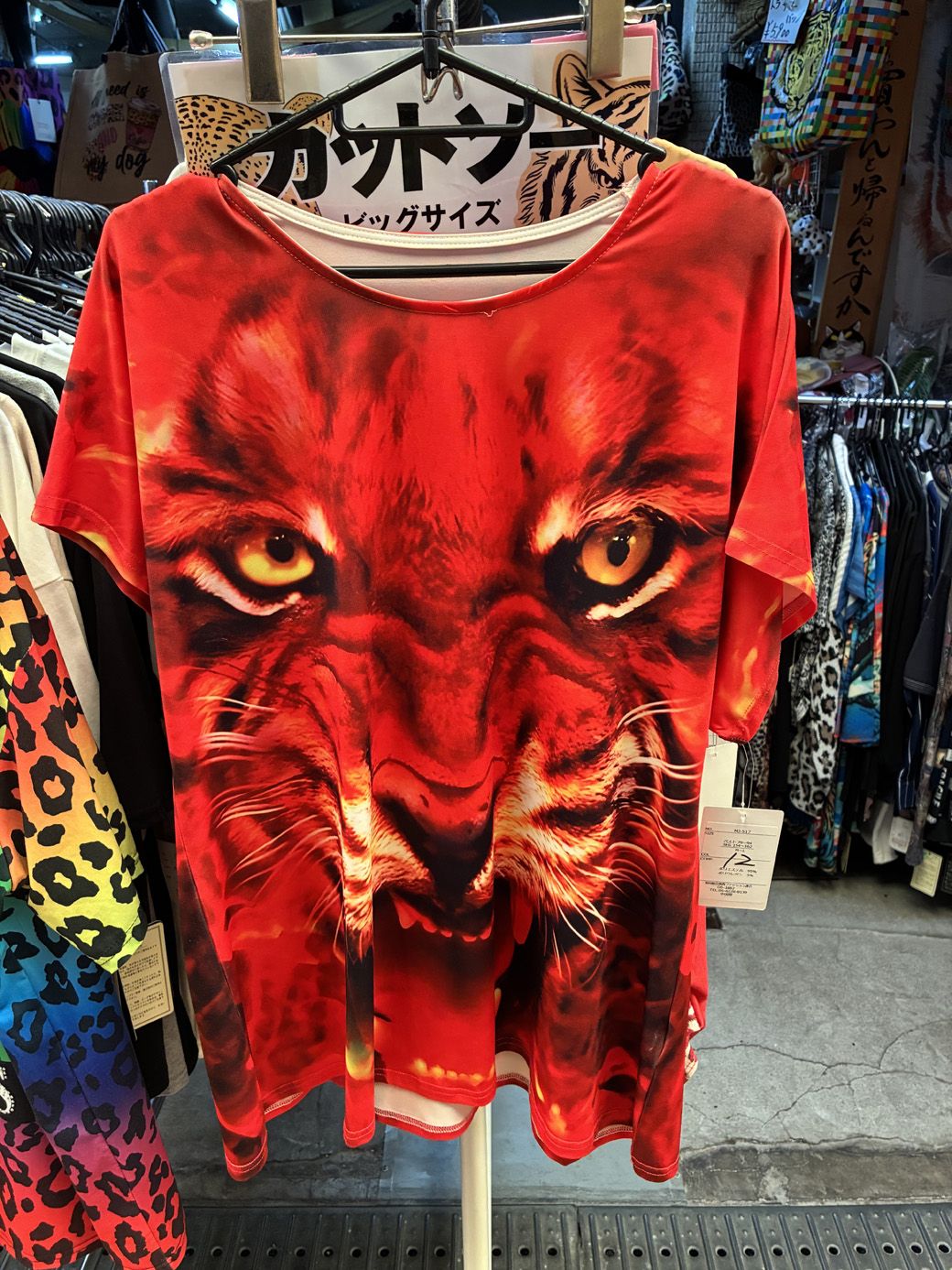 挑みかかるような眼差しが印象的なトラ柄カットソー（筆者撮影）