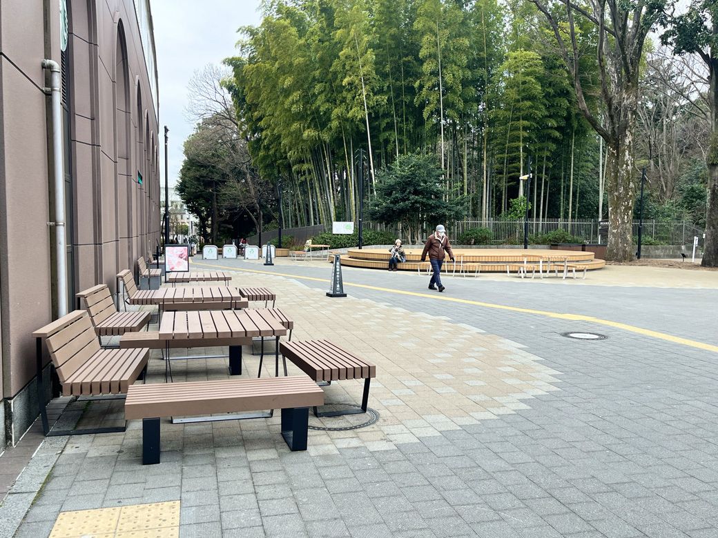 狛江駅北口のすぐそばには広場があり、竹林が広がる（筆者撮影）