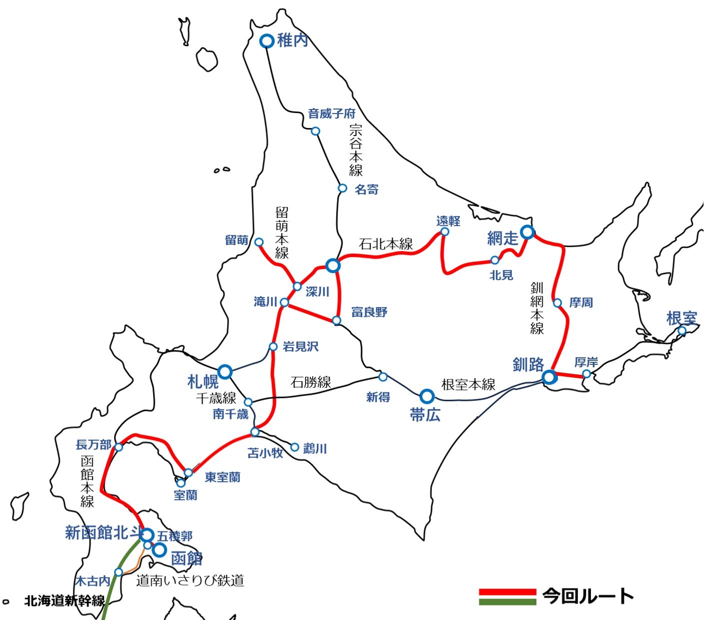 北海道＆東日本パスを利用して回ったルート（筆者作図）