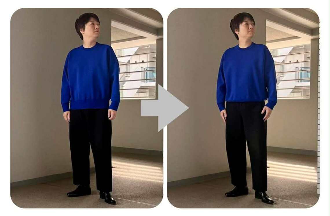 【写真左】肩から地面まで1：1、【同右】内側に折り返して短め（写真：筆者提供）