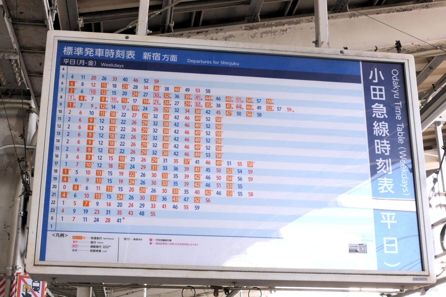 4番ホームの時刻表（記者撮影）