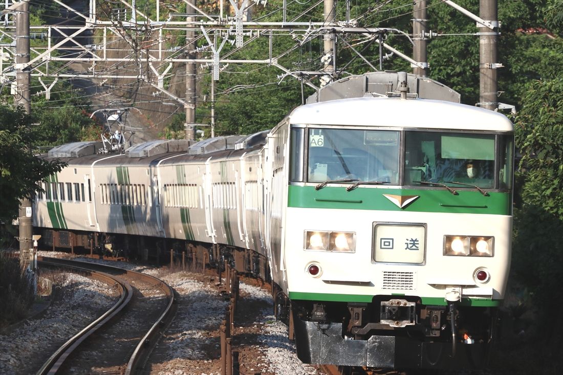 東海道本線を走る斜めストライプ塗装の185系回送列車（撮影：南正時）