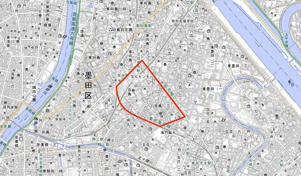 赤く囲った場所が京島（国土地理院 電子国土Webから筆者作成）