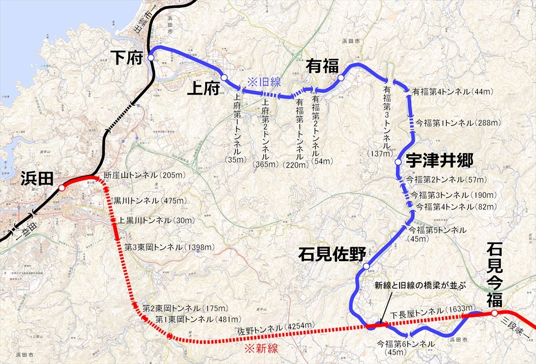 今福線の旧線（1968年認可）と新線（1969年認可）の位置関係。宇津井郷駅の位置は筆者推定（国土地理院地形図を筆者加工）