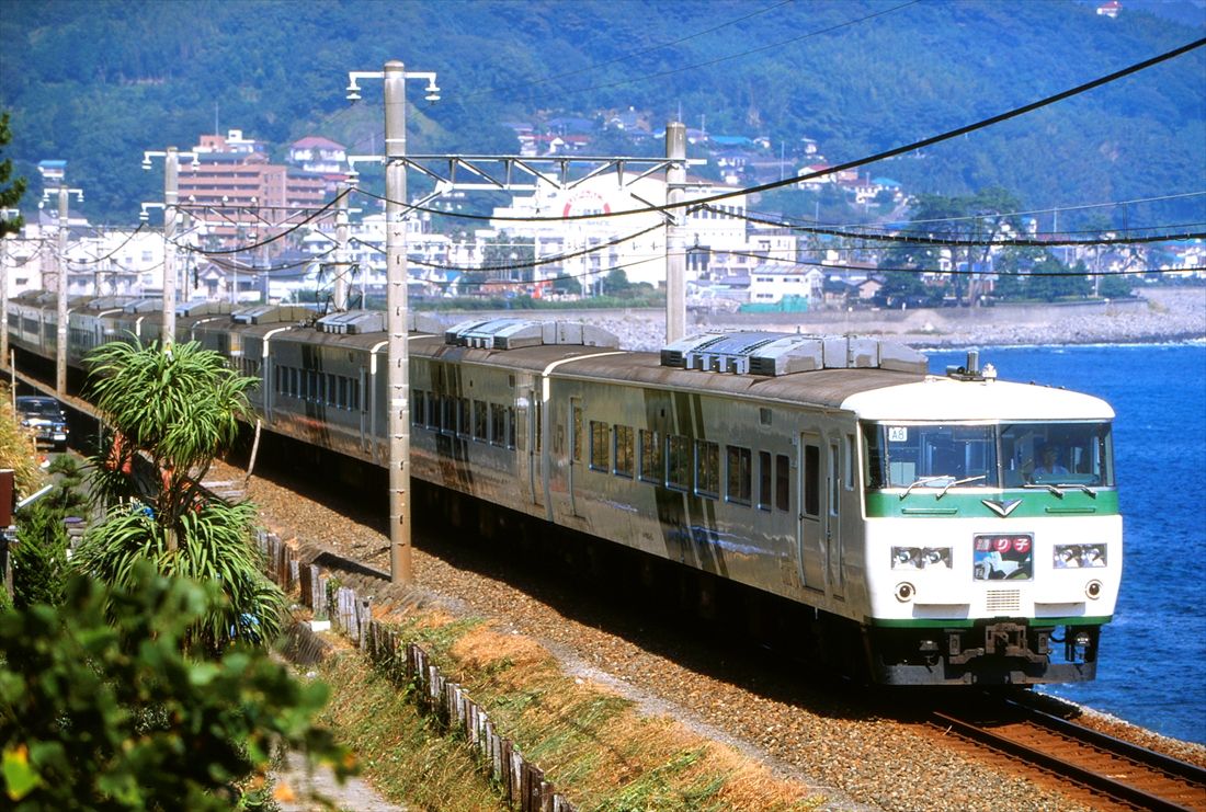 伊豆急線内を走る185系の「踊り子」。斜めストライプの塗装は斬新だった(撮影:南正時)