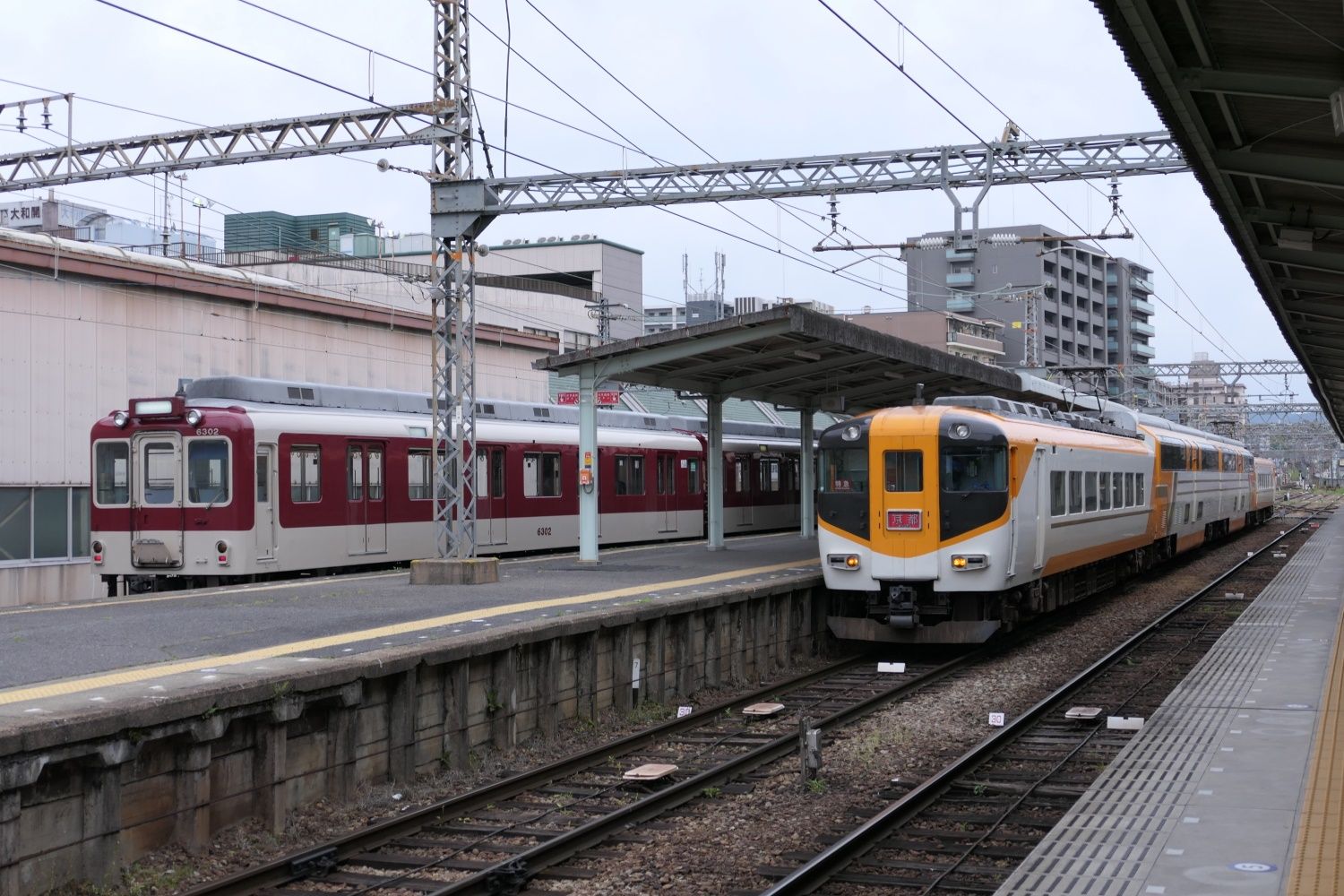 狭軌の留置線の回送列車（左）と標準軌車両のビスタカーが並ぶ（記者撮影）