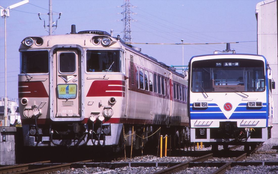 伊勢鉄道の玉垣駅でレールバスと交換する特急「南紀」（撮影：南正時）
