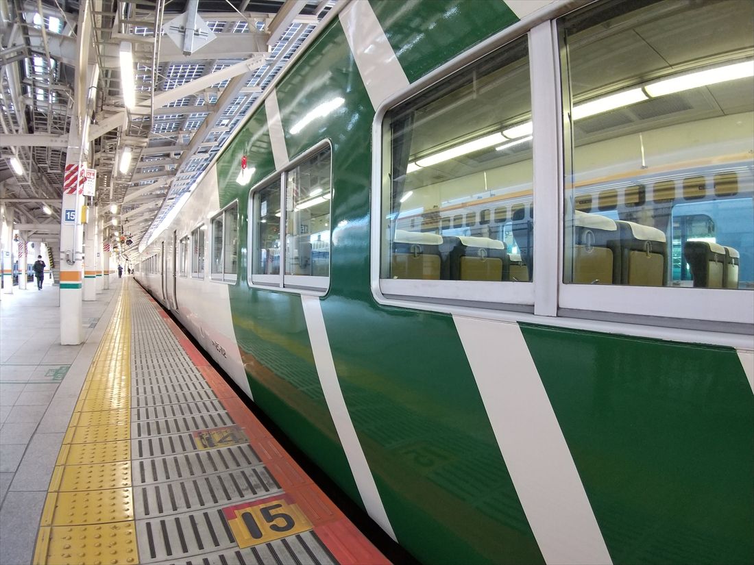 斜めストライプの車体は長らく「踊り子」の象徴だった＝2021年（撮影：南正時）