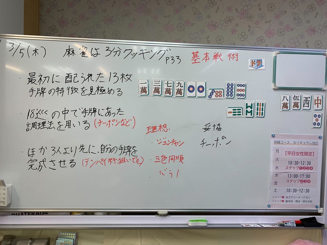 講義に使用するホワイトボード。今見ても何がどういう解説なのかよく分からないが、これがまったく分からなくても麻雀は楽しめる（筆者撮影）
