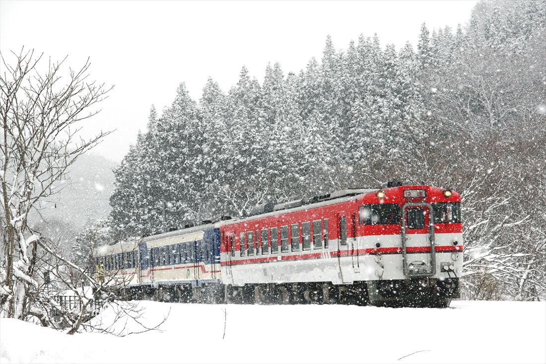 吹雪の米坂線を走る列車。キハ40形とキハ52形、キハ48形の3両編成だ（撮影：南正時）