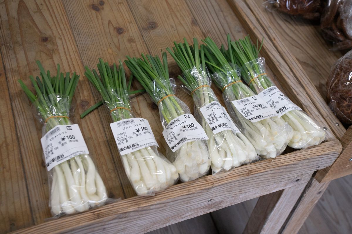 エシャレット160円。若採りのラッキョウのである。生で食べることができ、シャキシャキした食感が楽しい食材（筆者撮影）