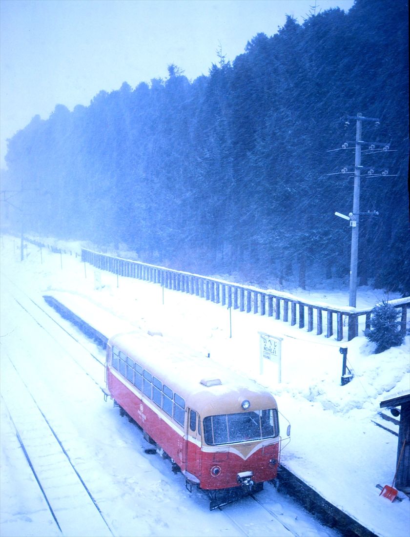 野辺地駅に停まる南部縦貫鉄道のレールバス。後ろに見える林が鉄道防雪林（撮影：南正時）