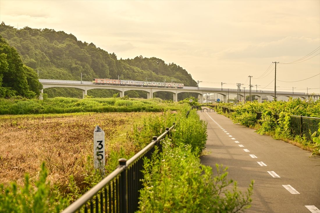 復旧時に高架の新ルートに切り替えられた野蒜―陸前小野間。かつての線路から見た「マンガッタンライナー」（撮影：武川健太）