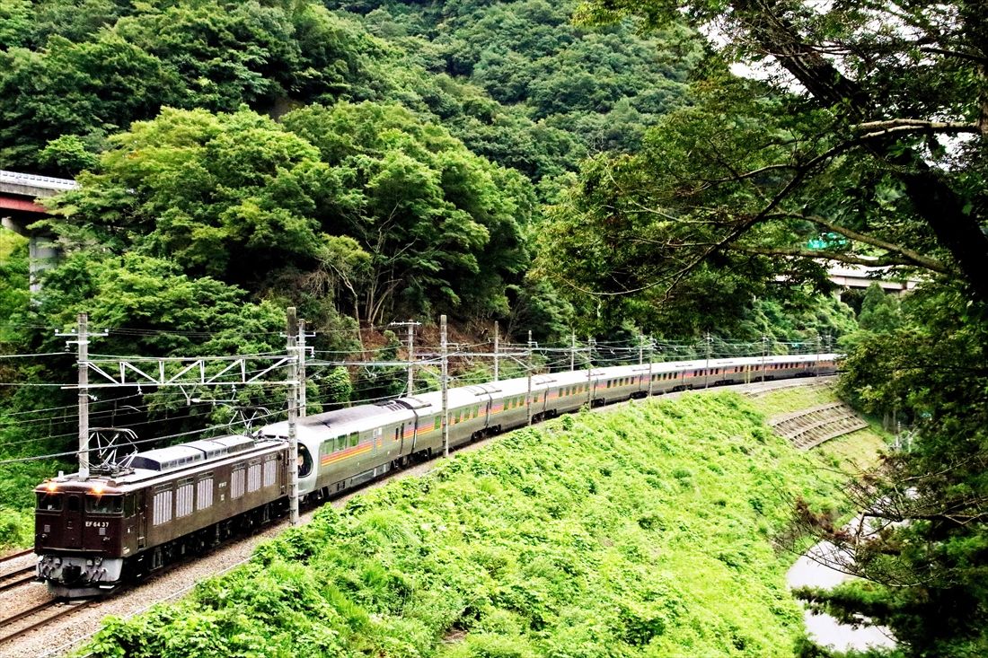 茶色のEF64形31号機が「カシオペアクルーズ」を牽引して中央本線小仏峠付近を走る＝2017年（撮影：南正時）