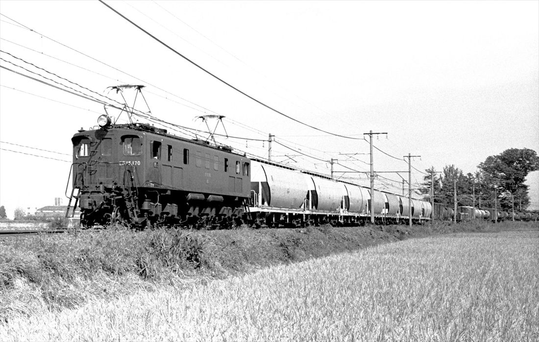 東北本線白岡付近を走るEF15形牽引の貨物列車（撮影：南正時）