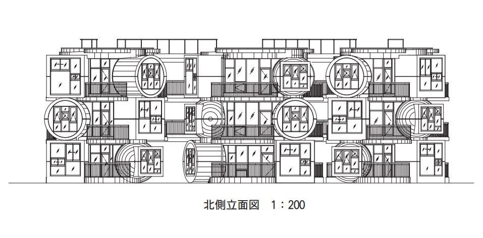 三鷹天命反転住宅を北側から見た立面図。丸や四角のユニットの配置を把握できる（図：荒川修作＋マドリン・ギンズ東京事務所提供）