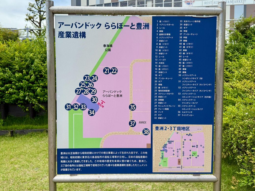 「アーバンドックららぽーと豊洲　産業遺構」の看板。「日本の造船産業の発展に大きく貢献してきました」と歴史を伝えている（筆者撮影）