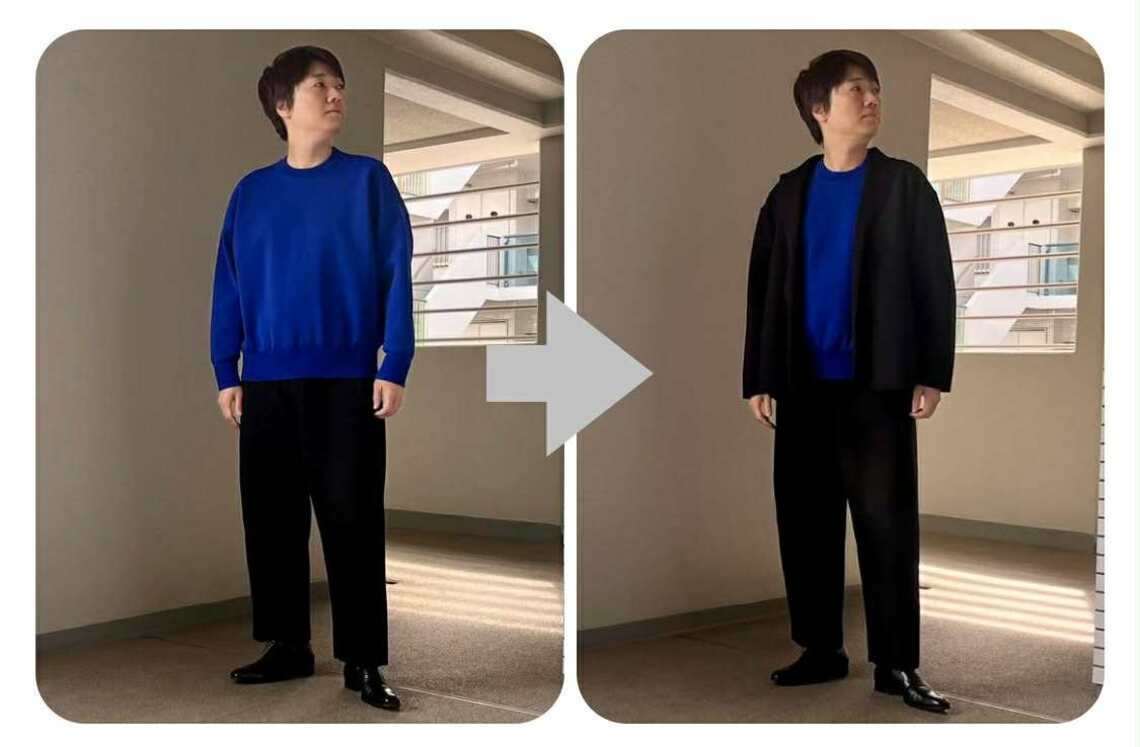 【写真左】肩から地面まで1：1、【同右】着丈そのままに羽織りもの（写真：筆者提供）