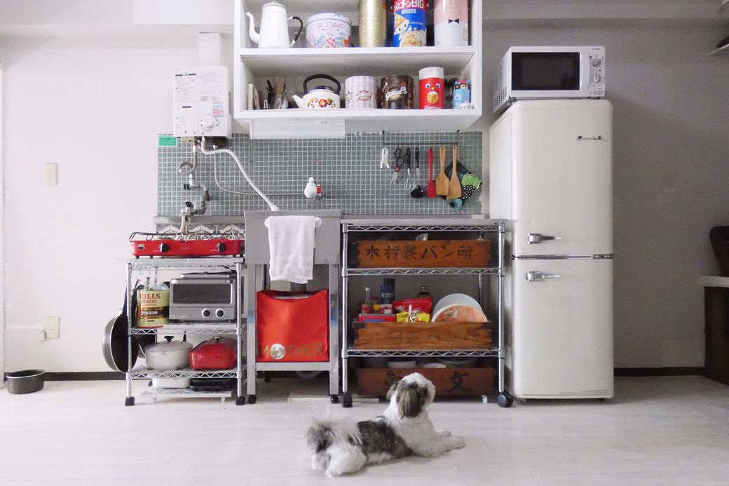 結婚して3軒目、以前住んでいた築50年・30m²のキッチン。築50年以上でボロボロすぎたので、業務用流し台とメタルラックを組み合わせて造作した（筆者撮影）