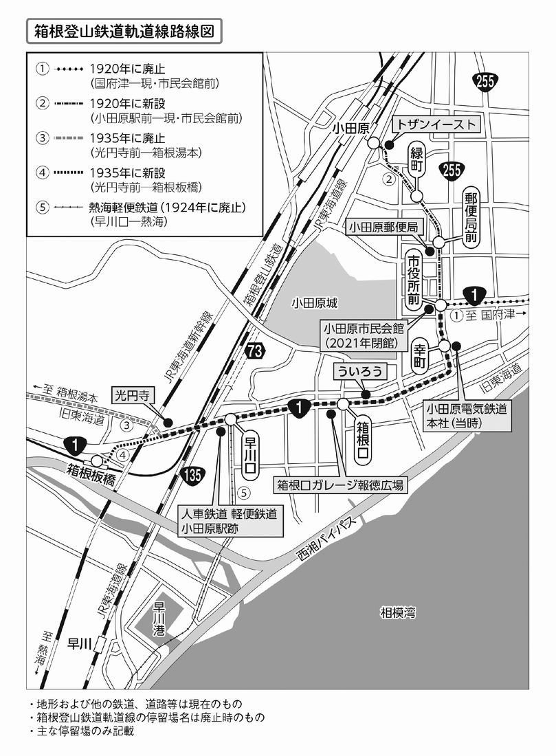 箱根登山鉄道軌道線の路線図（画像：『かながわ鉄道廃線紀行』より）