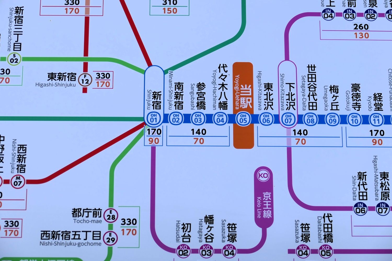 運賃表。新宿までは大人170円（記者撮影）