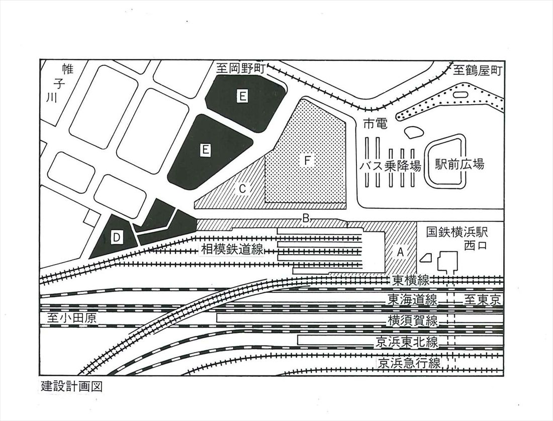 70年前の横浜駅西口開発時の建設計画図。A：相鉄横浜駅、B：アーケード商店街、C：劇場ビル、F：百貨店など（画像：相鉄グループ）