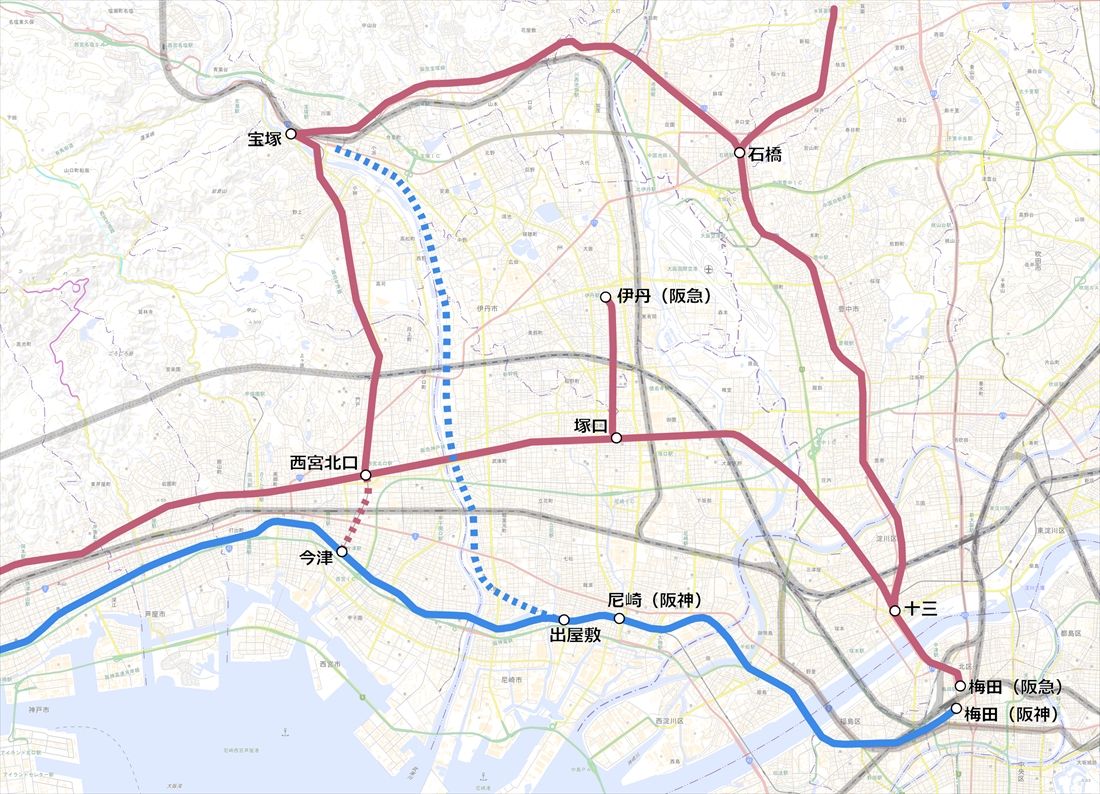 1922年11月時点：尼宝電鉄が出屋敷―宝塚間の鉄道路線（青点線）を申請。当初は武庫川沿いに北上する計画だった（国土地理院地図を筆者加工）