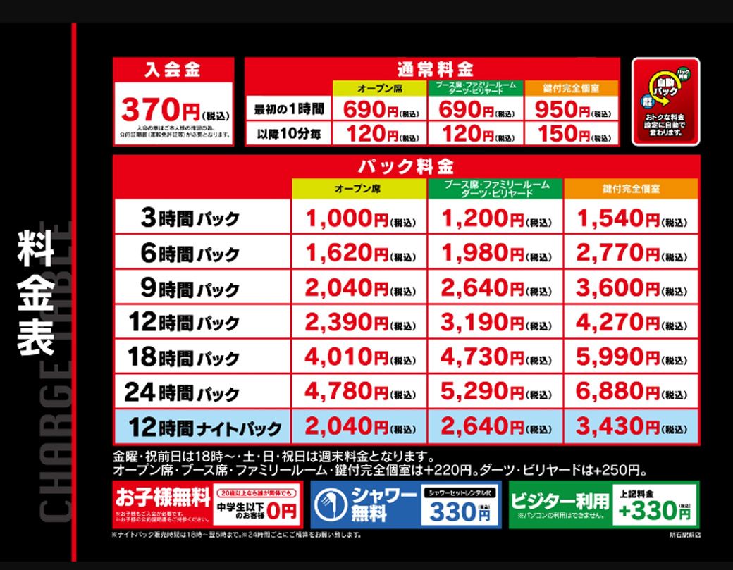 明石駅前店の料金表（筆者撮影）