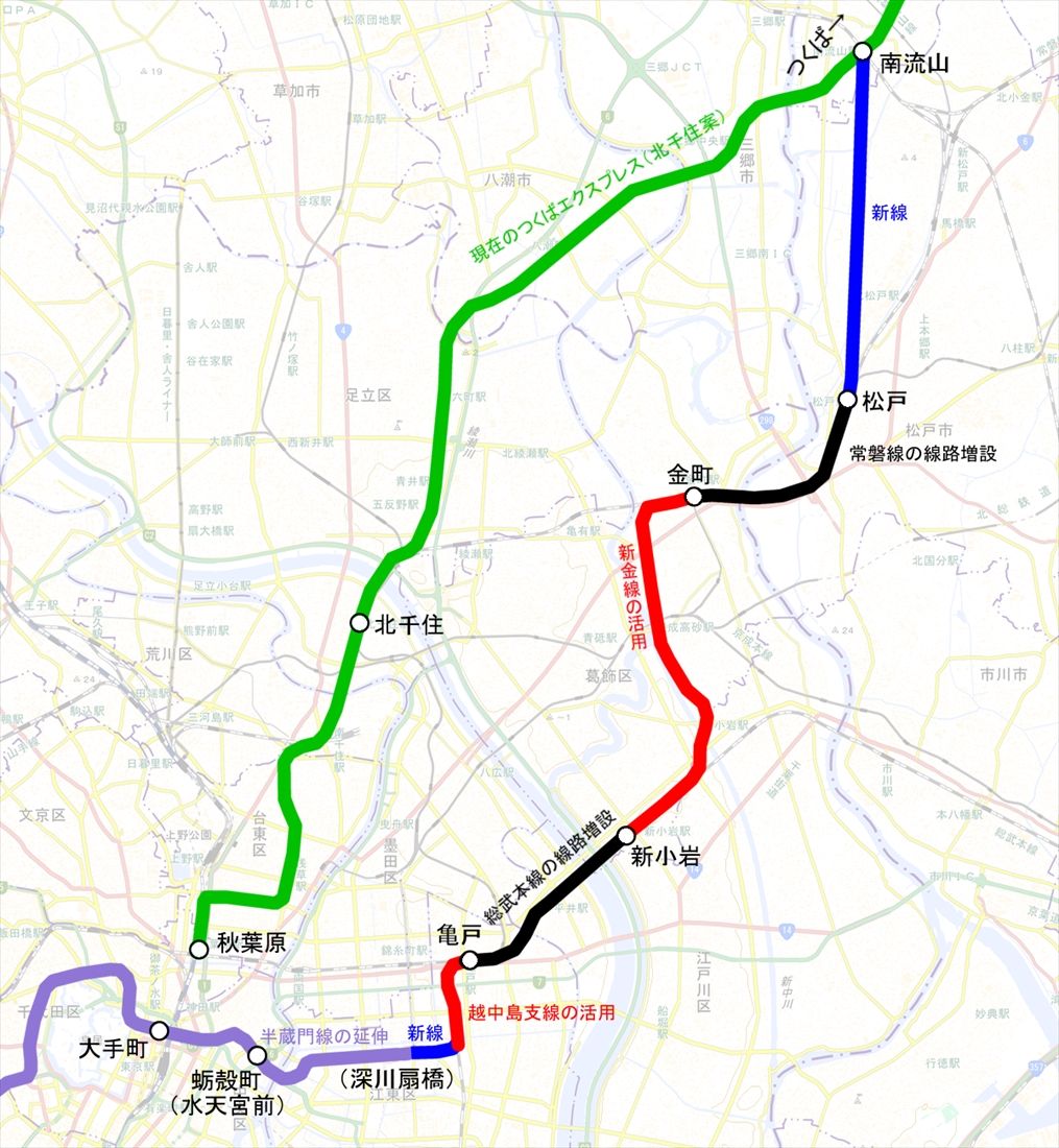 第2常磐線の新金線案。半蔵門線と組み合わせて整備するものだった（国土地理院地図を筆者加工）