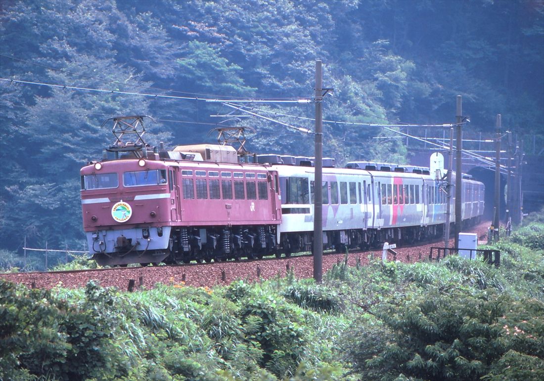 ジョイフルトレイン「あすか」を従えて走るEF81形。ジョイフルトレインの牽引にも幅広く活躍した（撮影：南正時）