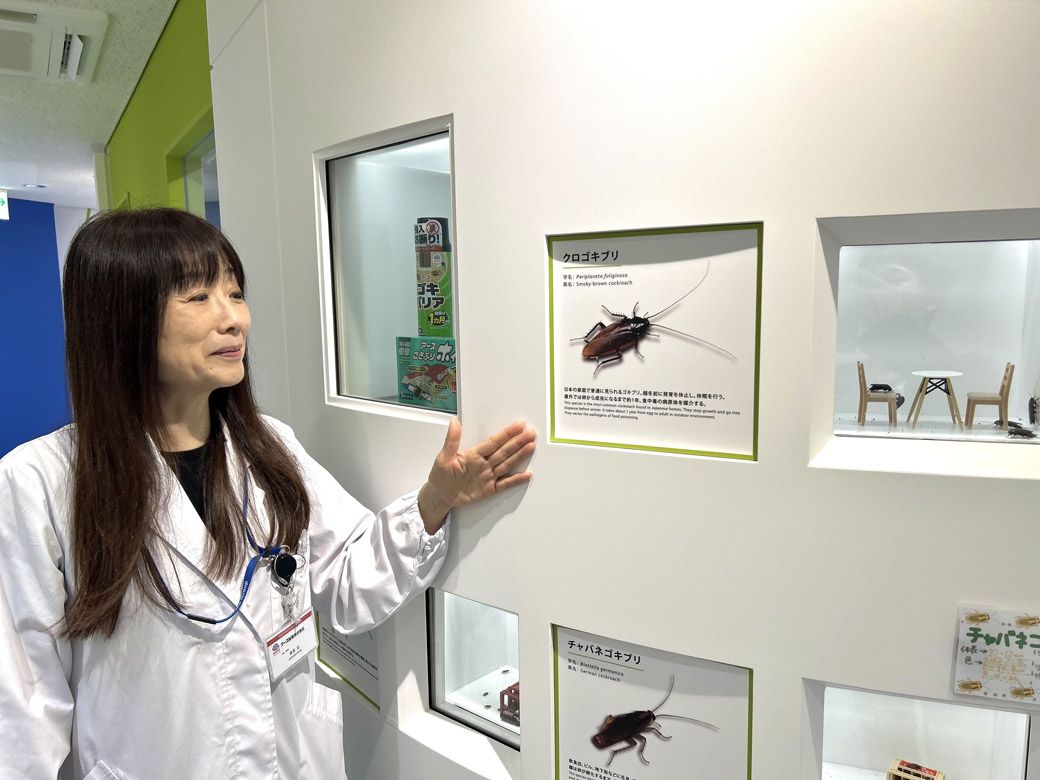 ゴキブリ展示ブースの案内をする有吉さん（筆者撮影）