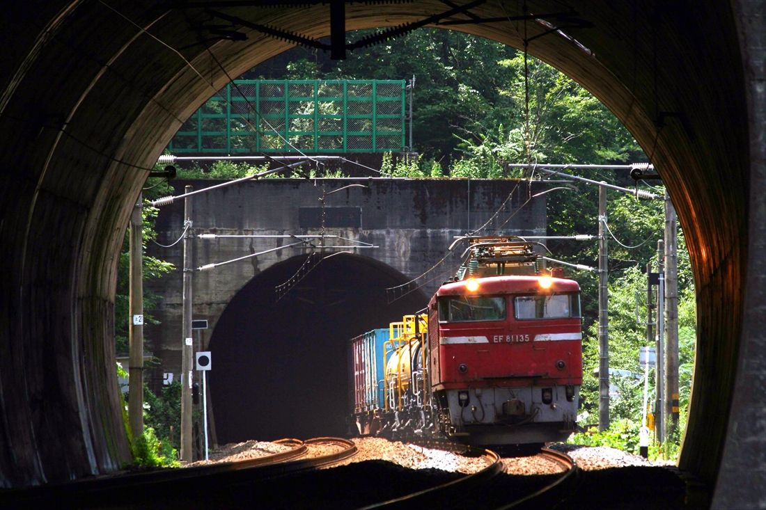 北陸トンネルを走るEF81形牽引の貨物列車（撮影：南正時）