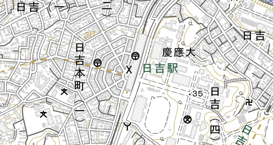 街の区画を見ると、日吉と田園調布は似ている（国土地理院 電子国土Webより）