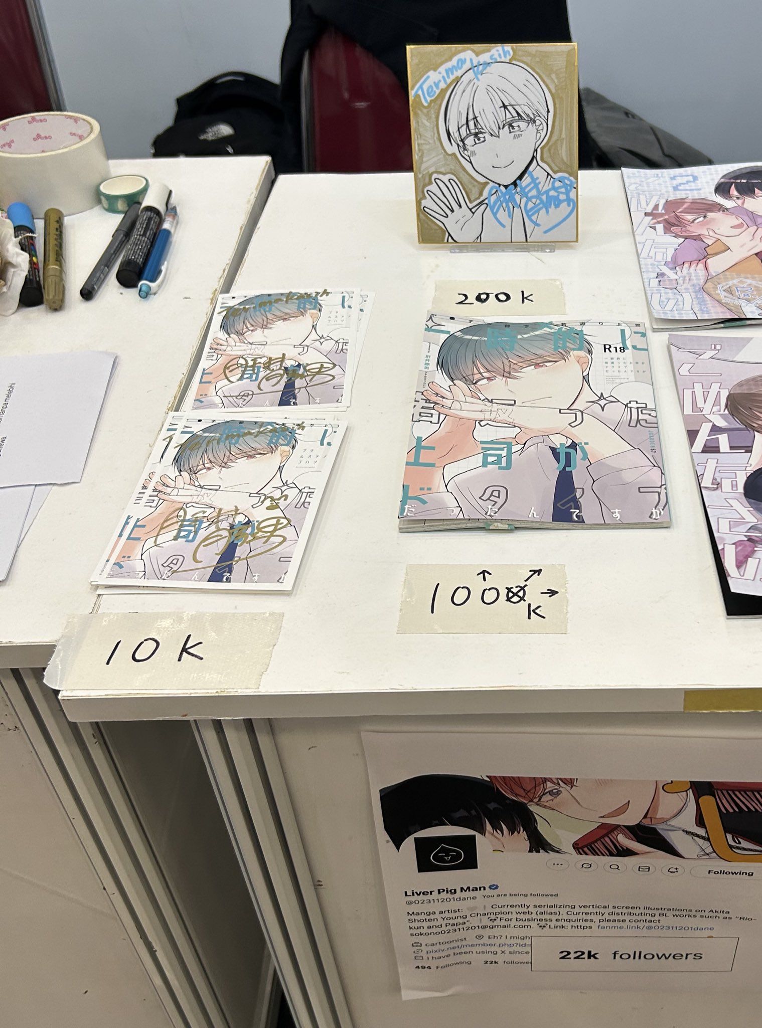 肝井先生のサークルスペース。日本語オリジナル BL 同人誌をはじめ、色紙やポスターも頒布している（写真：肝井先生提供）