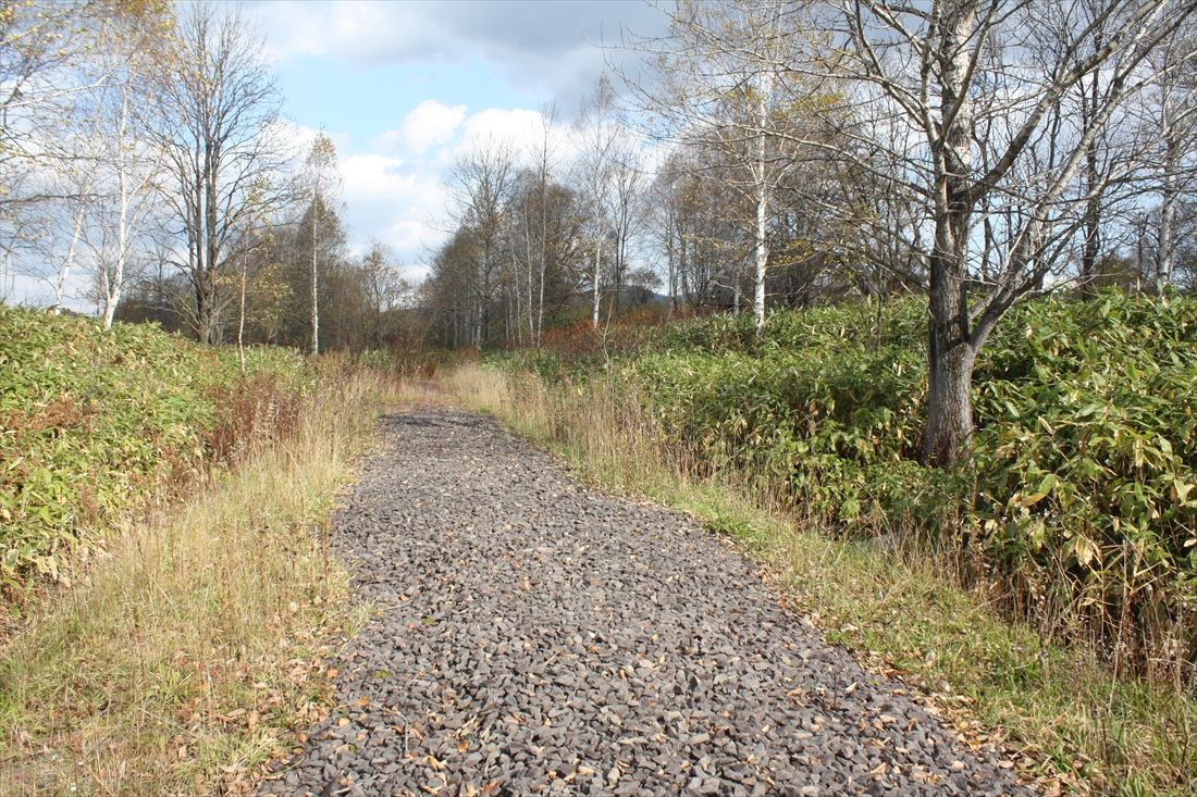 北見大曲―仁宇布間：仁宇布駅まであと少し。草木が少なく歩きやすい。「日本一の赤字線」と呼ばれた第1期線の終点近くにあったのは、黒いバラストが敷き詰められた未成区間の路盤だった（筆者撮影）