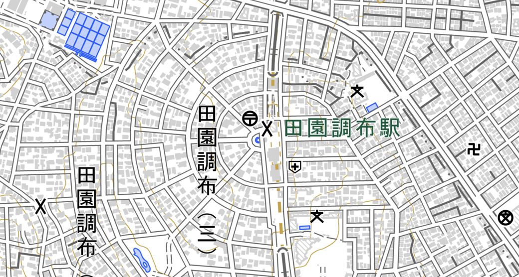 街の区画を見ると、日吉と田園調布は似ている（国土地理院 電子国土Webより）