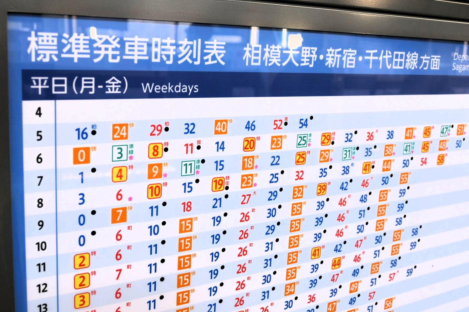 「●」が付いているのが本厚木始発。早朝に直通先のJR常磐線柏行きがある（記者撮影）