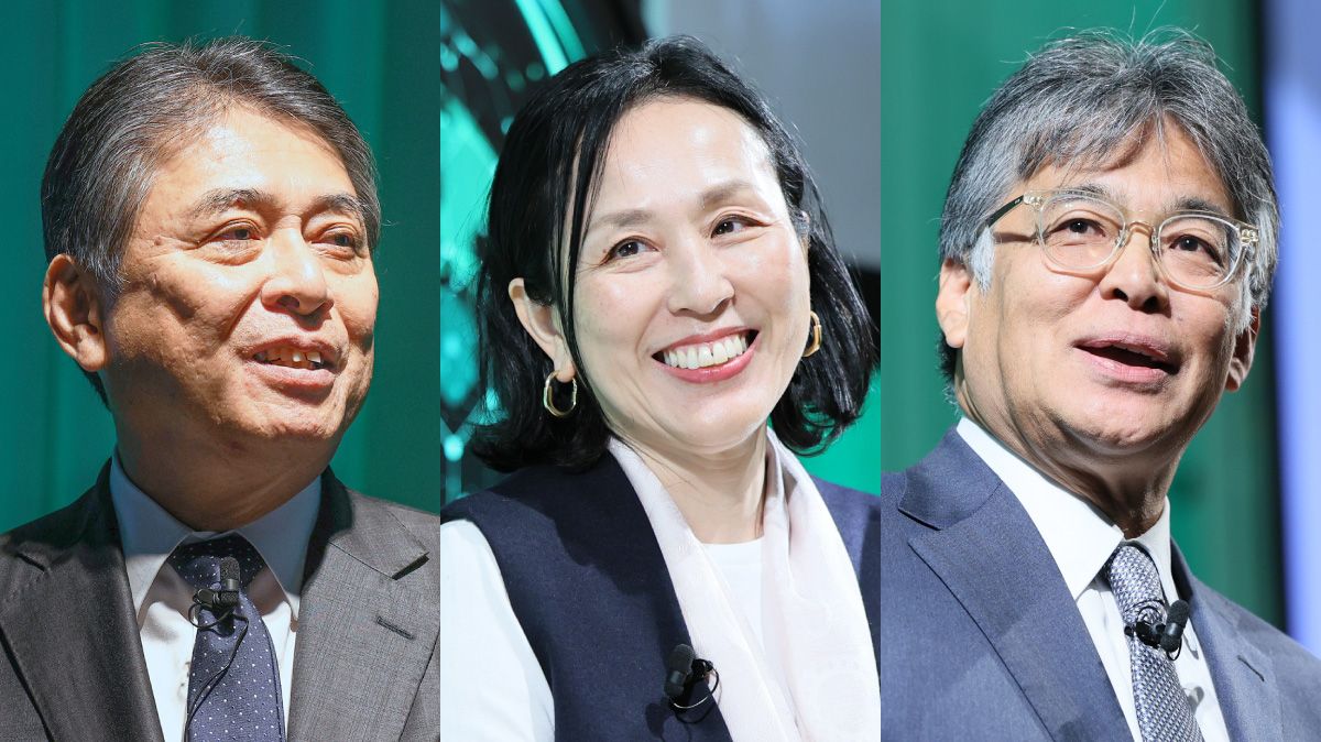 左からAGC 代表取締役 社長執行役員 CEO 平井 良典 氏、LIXIL 執行役専務CFO 藤田 真理子 氏、富士通 代表取締役社長 CEO 時田 隆仁 氏